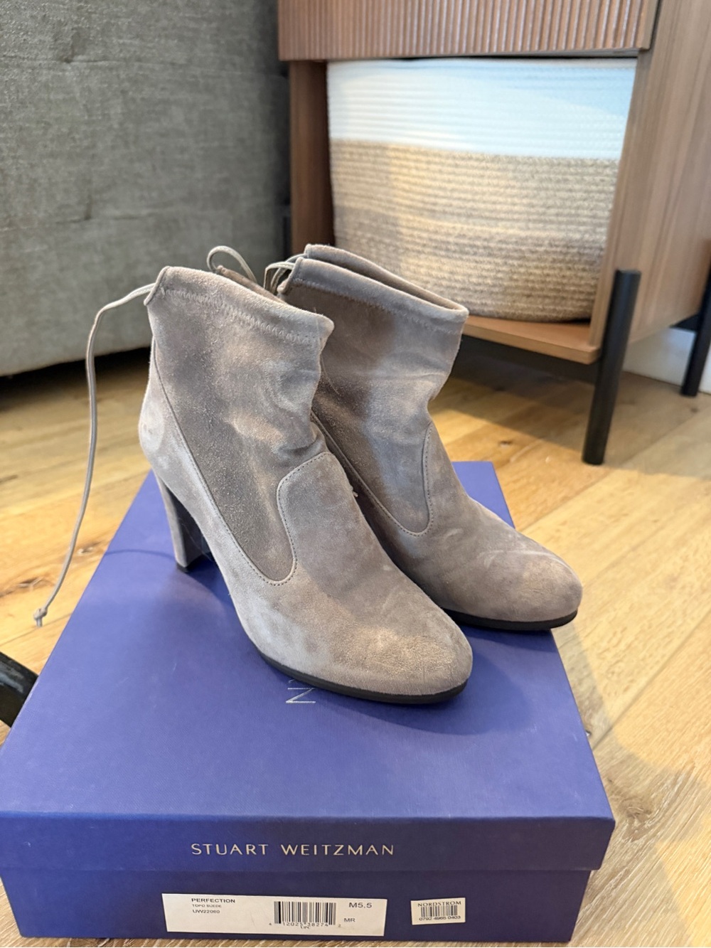 Stuart Weitzman grey Suede Ankle Booties with Block Heel